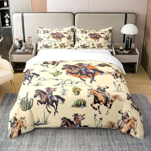 Western Adventure 100% Nature Cotton Duvet Cover Twin,Watercolor Cowboy Horse Farmhouse Style Super Soft Bedding Set,Southwest Desert Cactus Plants Comforter Cover Bedding 2 Piece (No Comforter)
