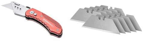 Amazon Basics - Cutter fonctionnel pliable - Corps léger en aluminium & Stanley 2-11-700 - Distributeur de 10 Lames Trapèze Gamme Fatmax - Lames Plus Tranchantes