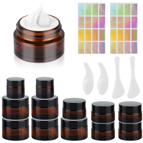 Lot de 12 bocaux vides en verre d'ambre, 10/20/30 ml, bocaux cosmétiques rechargeables avec couvercle, doublure, spatule et autocollant pour lotion, crème, huiles essentielles