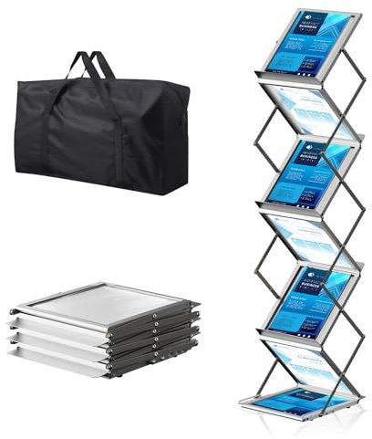 AceShow 6 Pockets Foldable Literature Rack - Aluminum Magazine Rack, Brochure Catalog Display Stand with Carrying Bag for Exhibition, Trade Show, Office, Retail Store, Home - Silver