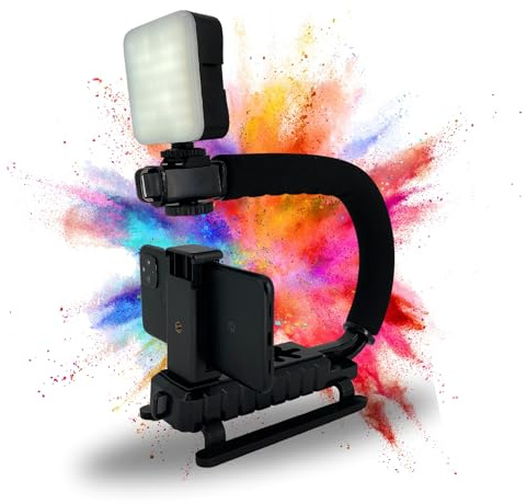 TronicXL Smartphone Video Rig Stabilizer Handgriff mit LED Lampe - Handy Action Stabilisierungsgriff Handy Foto Griff Stabilisator Film kompatibel mit Apple iPhone Samsung Xiaomi Google Halterung