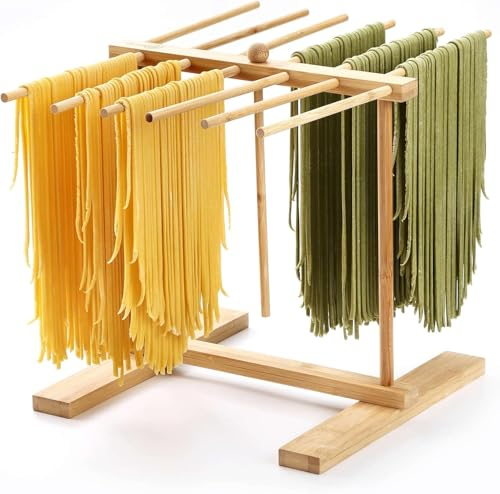Pasta Drying Rack, AMOHEE 12 Bars Natural Bamboo Pasta Drying Rack Collapsible with Transfer Wand for Drying Fresh Pasta, Spaghetti, Fettuccine, Lasagne etc.