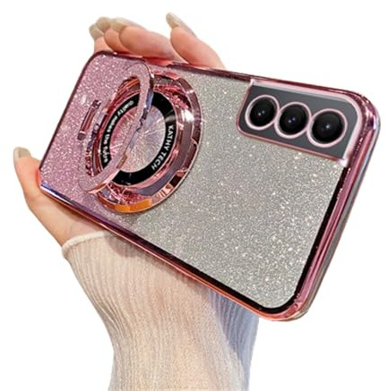 SIYOPINPFY Case for Samsung Galaxy S21 5G Case Glitter Sparkly Diamond Deluxe Plating Silicon TPU Soft Cover Camera Protector Magnetic Ring Stand Holder for Samsung Galaxy S21 5G, Shiny Rose Gold