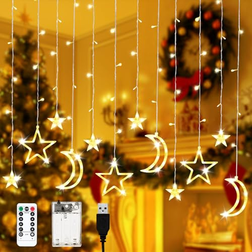 LED Lichterkette, 3.5M 12 Sterne Lichterkette Sternenvorhang Warmweiß, Lichtervorhang Innen Außen, Wasserdicht Weihnachtslichterkette, 8 Modi, Weihnachtsdeko für Fenster, Balkon, Terrasse