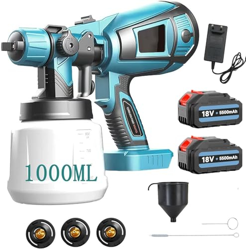 Akku Farbsprühsystem, Kompatibel mit Makita 18V Akkus, Elektro Lackierpistole mit 3 Düsen, 3 Spritzmuster,mit Abnehmbarem 1000ml-Farbeimer, zum Streichen(2x3000mAh Akku)