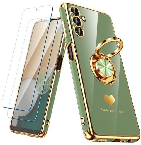 Nonional for Samsung Galaxy A13 5G/A04S Case with 2 Pack Screen Protector, 360° Rotatable Ring Holder [Luxury Hearts Pattern] Plating Gold Edge Slim Soft Phone Cover Case for Galaxy A13 - Light Green