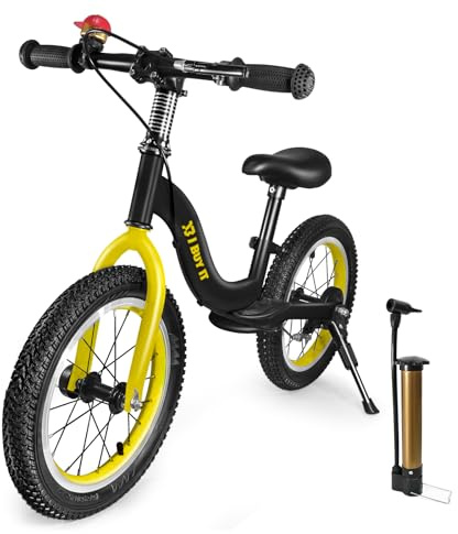 14 Inch Balance Bike for 3 4 5 6 7 Year Old Boys Girls, Adjustable Kids Balance Bike with Brake and Kickstand, No Padel Training Bicycle with Rubber Air Tyres, Footrest (Black & Yellow, 14 inch)