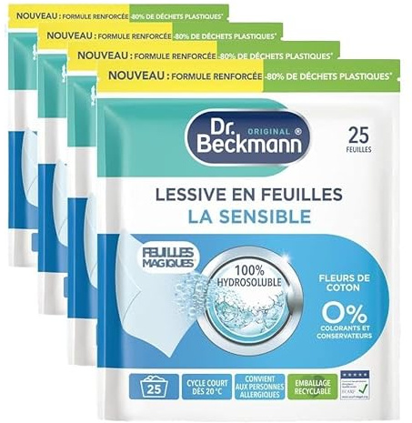 Dr. Beckmann 25 FEUILLES MAGIQUES Lessive en feuilles LA SENSIBLE Hypoallergénique | Format pré-dosé, pratique et léger | 100% hydrosoluble, facile à utiliser et ranger (Lot de 4)