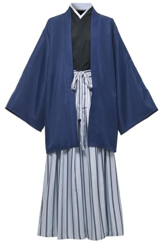 COSDREAMER Mens Japanese Yukata Kimono Robe Costume Japanese Kimono Robe (XXL, Black &blue)