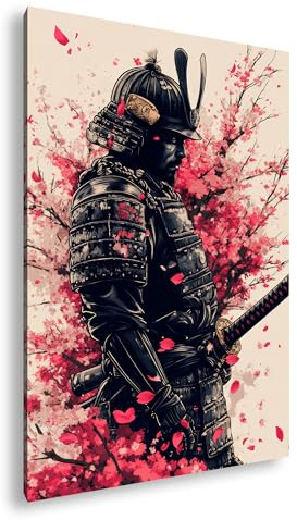 deyoli Samurai in Rüstung vor einem Hintergrund aus Kirschblüten Format: 60x40cm XXL Kunstdruck Motiv auf Holzrahmen/Leinwandbild/Wandbild/Wohnzimmer Dekoration