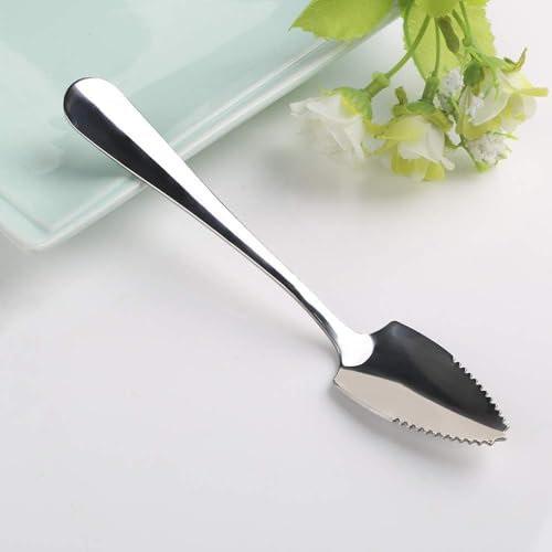 Silver 15.5cm Fruit/Grapefruit Spoon, Long Handle, Stainless Steel, for Dessert, Tea, Coffee, Dishes, Cutlery, Serrated Edge Special Spoons