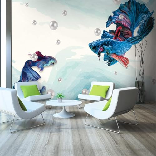 Tzxztt Abstract Line Peacock Fish Dark Blue Modern 3D Wallpaper Embossed Silk Neutral Tones Material Ideal for Living Room Bedroom-200cm×140cm