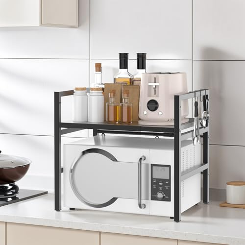 2 Tiers Expandable Microwave Shelf Stand, Sturdy Carbon Steel Over Microwave Shelf Unit with 6 Hooks, Bakers Rack, Countertop Organiser Shelfs, Air Fryer Stands Storage Holder Kitchen Shelves, Black