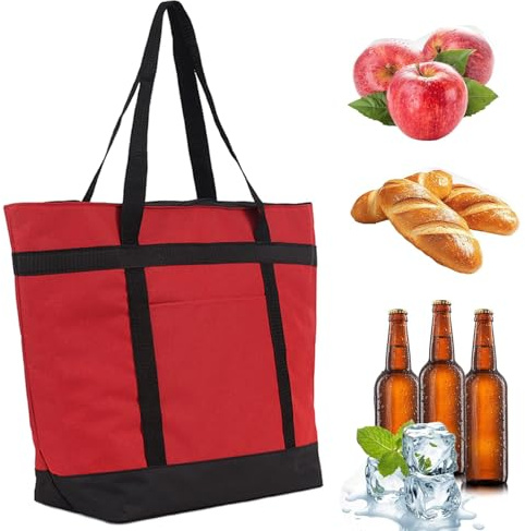 ILVRX Große faltbare Isoliertasche 39 Liter – Wasserdichte, leckfeste Kühltasche mit flexiblen Tragegriffen – Ideal für Einkäufe, Picknick & Camping – Rot