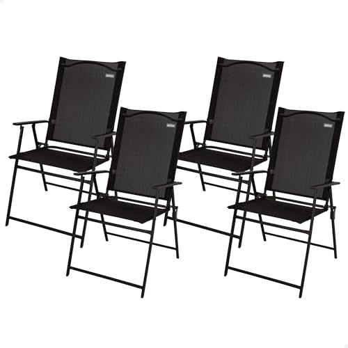 AKTIVE Set mit 4 Klappstühlen, aus Textilene und Stahl, flach zusammenklappbar, Schwarz, mit Armlehnen, max. 110 kg, leichtes und kompaktes Design, ideal für Garten oder Terrasse (61146)