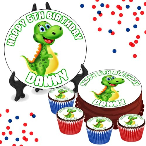 Dinosaur Cartoon Green PERSONALISED Edible Cupcake Toppers / 8 Inch Cake Wafer or Icing - Adults & Kids Birthday Party Decorations - Perfect for Brownies, Cookies, Muffins & More!