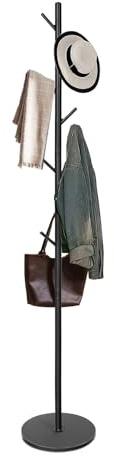 Garderobenständer Schwarz Metall, Kleiderständer Stabil, Sockel aus Marmor mit 7 Haken, Höhenverstellbar (180/122cm) Garderobe für Mäntel, Jacken, Mützen, Schals, Taschen