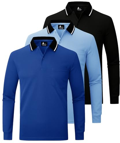 JACKETOWN 3er Pack Poloshirt Herren Langarm Atmungsaktiv Poloshirt Set Knopfkragen Arbeitshemd Golf Polohemd Frühling Herbst Arbeits T Shirt mit Tasche