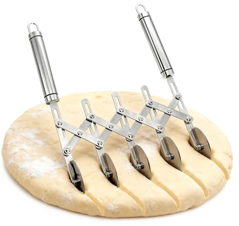 Piuluvor® Teigschneider 5 Räder, Edelstahl Pizzaschneider mit Griff, 5 Rad Verstellbarer Teigteiler für Pizza Kuchen Teig