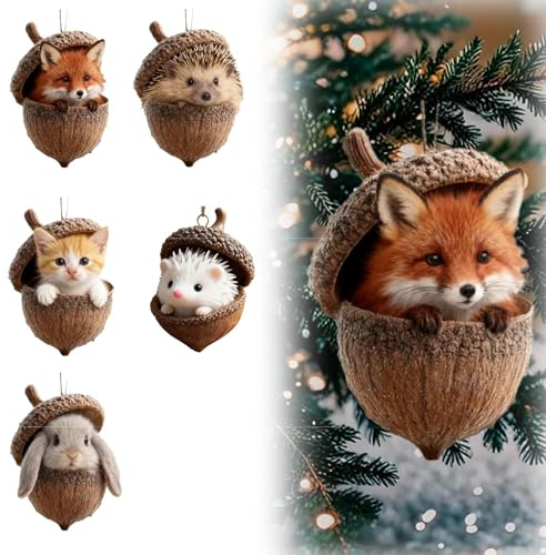 Forests Animal Acorn Ornaments 5pcs Weihnachten Acryl Tier Dekor 2D Waldtiere Eicheln Schmuck Anhänger Waldtiere Christbaumschmuck Lustig Christmas Ornaments Christbaum Weihnachtsdeko für Wohnzimmer