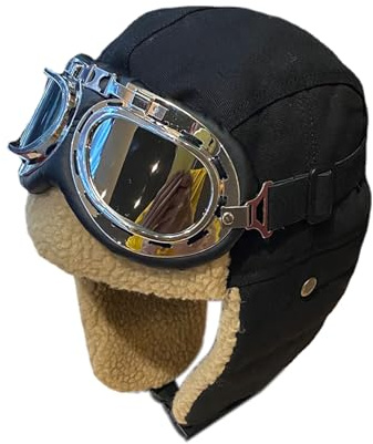 Chapeau et Lunettes d'aviateur Vintage, Couvre-Chef Chaud avec Oreillettes en Fourrure doublées en polai-re, Casquette de Pilote de Trappeur Coupe-Vent d'hiver pour Les Sports de Plein air