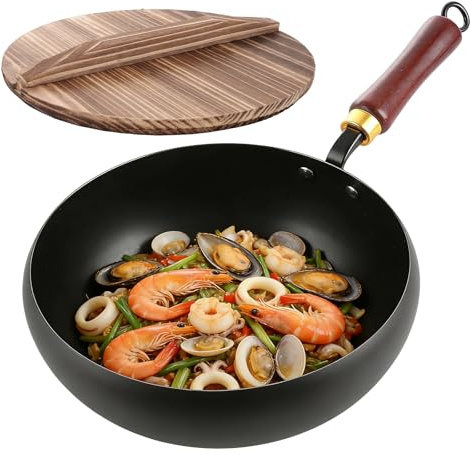 MEIDIV Cast Iron Wok with Lid, Non Stick Wok Iron Pan, Big Belly Pot with Wood Lid, Uncoated Hand Forged Iron Frying Pan for Stoves Induction
