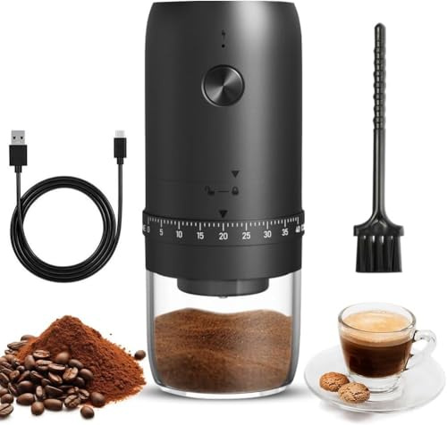 Kaffeemühle Elektrisch, Tragbar Klein Coffee Grinder Wiederaufladbar, Kaffeemühle mit Kegelmahlwerk, 40 Grobkörnigkeitseinstellung, Elektrische Mahlgerät mit Keramikkern für Kaffeebohnen Bohnen