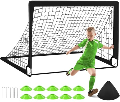 Porta da calcio da giardino, 120 x 90 cm, set da allenamento portatile con 10 coni, borsa per il trasporto e rete per esercizi per ragazzi e sport, colore nero