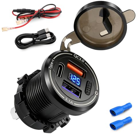 SRunDe Prise USB 12V 50W 3 Port 20W QC3.0&15W USB&15W PD Prise USB Moto 12v | Etanche avec Interrupteur LED Voltmètre Allume Cigare 12v Encastrable Voiture Chargement pour Camping Car Moto Bateau Camion