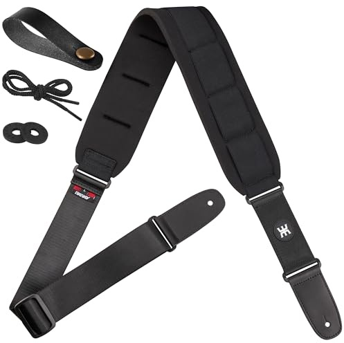 AMUMU Gitarrengurt, Guitar Strap mit SBR Memory Foam (Gummi), 3.6 Breiter Gitarren-Gurt mit echten Lederenden für E-Gitarre, Westerngitarre, Akustikgitarre & Bass, Gurt für Erwachsene Kinder schwarz