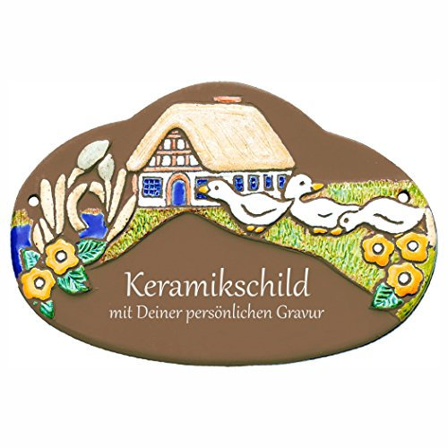 Handarbeit aus Schleswig-Holstein Keramikschild 18,0 x 12,5 cm Motiv Teich und Gänse vor Haus (braun)