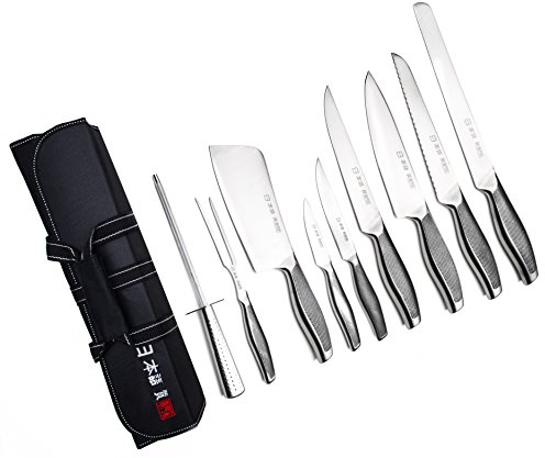 Ensemble de couteaux de chef Ross Henery de 9 pièces, couteaux de cuisine de style japonais, avec aiguiseur en acier et étui de transport en toile inclus.