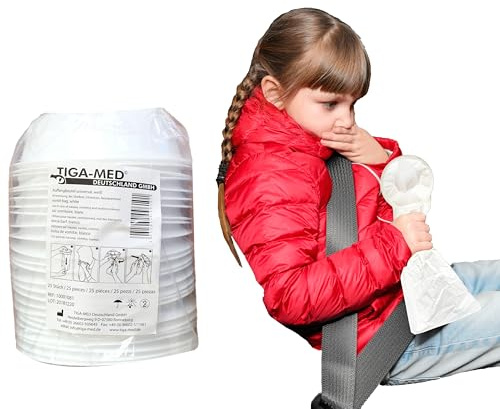 TIGA-MED Brechbeutel mit Mundstück und Verschlussring – 25 Stück, je 1.000 ml, ca. 37 cm lang – Auffangbeutel bei Übelkeit und Reisekrankheit (Weiß)