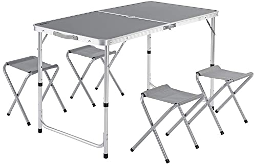CASARIA® Klapptisch Wetterfest Höhenverstellbar Campingtisch mit Stühlen Gartentisch Falttisch 120x60cm Klappbar leicht transportabel 4 Personen Grau
