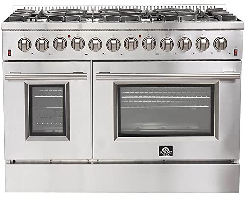 FORNO Galiano Dual Fuel 48 Inch. Freestanding Range 8 Sealed Brass Burners Cooktop - 6.58 Cu. Ft. Double Convection Electric Oven - Stainless Steel Stove Range Heavy Duty Cast Iron Grates