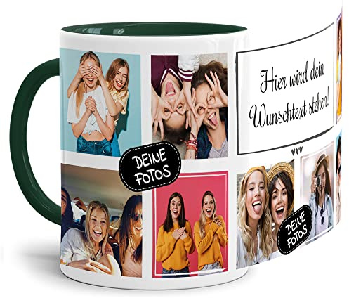 Foto-Tasse selbst gestalten mit Text & Collage für 8 Fotos - Geschenk für Familie, Freunde, Geburtstag, Weihnachten - Keramik Innen & Henkel Dunkelgrün, 300 ml I Personalisiert