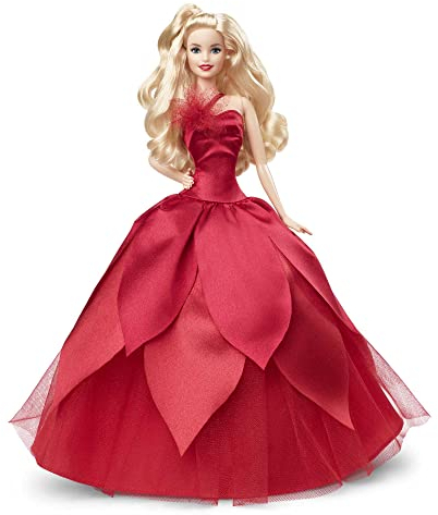 Barbie HBY03 - Signature Holiday Puppe 2022 (Blonde Haare) im roten Kleid, mit rotem Lippenstift und goldenen Ohrringen, Spielzeug für Kinder ab 6 Jahren