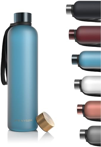 LARS NYSØM Trinkflasche 1l | Wasserflasche 1000ml | Ultraleichte Tritan Sport Flasche auslaufsicher, Kohlensäure geeignet - für Sport, Büro, Yoga | 2 Deckel inkludiert (Blue - Gold, 1000ml)