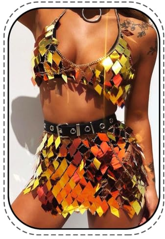 IYOU Pailletten Quaste Körperkette Outfits BH-Rock Blau Bikini Rave Festival Party Strand Mode Clubkleidung Zubehör zum Damen(Gold)