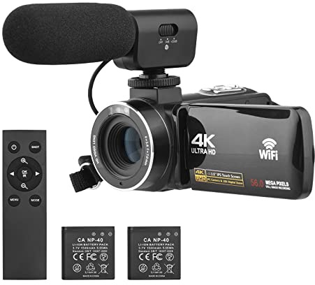 Andoer Videokamera 4K Camcorder, 56MP WiFi IR Nachtsicht Vlogging Kamera,18X DigitalZoom, 3 IPS Touchscreen Anti-Shake Camcorder mit 2 Batterien, Fernbedienung, Tragetasche und externem Mikrofon