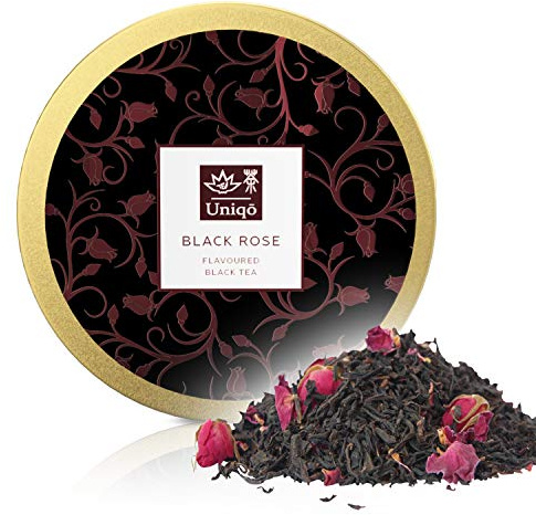 Tea Uniqo® Black Rose Schwarztee lose | Natürlich aromatisierter schwarzer Tee mit Rosenblüten in edler Geschenkdose | Rosentee als Frühstückstee