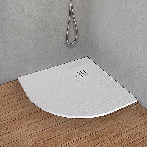 Inbagno Piatto Doccia semicircolare 80x80 in Resina Bianco Effetto Pietra, Ultra Slim e Antibatterico, riducibile su Misura, griglia di Scarico Reversibile, Loren