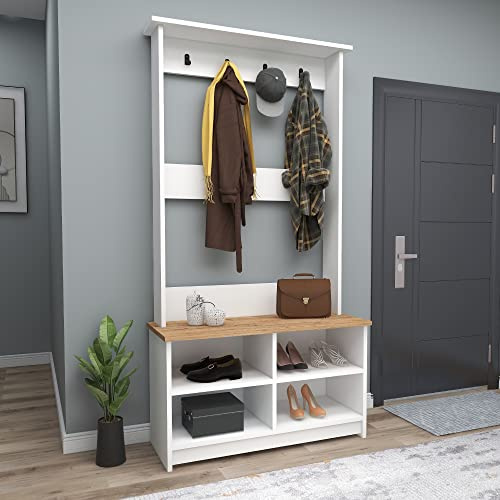 Coat Rack with Shoe Storage, Freestanding Hall Tree Coat Stand with 4 Hooks, 4 Shelves, H 173.6 cm x W 90 cm x D 35 cm - Amelia (Atlantic Pine - White)