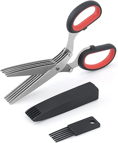 Kräuterschere küche, 5 Klingen Schnittlauchschere Edelstahl Gewürzschere Kräuterscheren Set mit Sicherheitsabdeckung und Reinigung Kamm für Chili Petersilie Rosmarin (Schwarz)