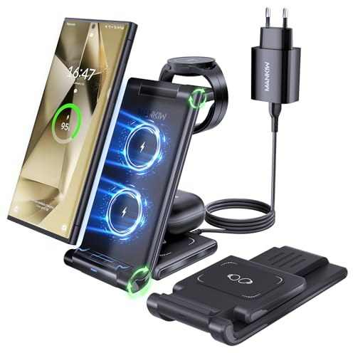 Stazione Ricarica per Samsung, MANKIW Pieghevole 3 in 1 Base Ricarica Wireless per Samsung S25/S24/S23/S22/S21/S20, Z Fold 6/5/4/3, Note20/10 Ultra, Watch 7/6/5/4/3/Active, Buds2/+/Pro/Live