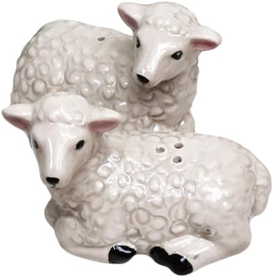 S/2 Salt and Pepper Shaker Set Lying Sheep Ceramic White Farm Animal Condiment Pots
