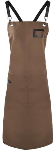 Delantal de Cocina Unisex, Impermeable para Trabajo y Barbacoa, Con 2 Bolsillos, Ranura Tarjetas y Espalda Cruzadas - Para Camareros y Jardinería DIY (Marrón)