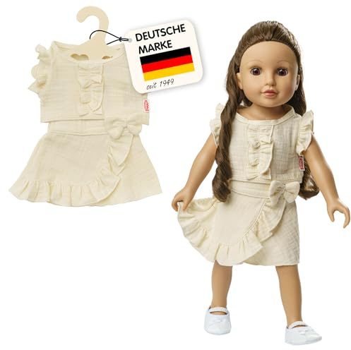 Heless 2422 - Puppenkleidung aus Musselin, 100% Bio-Baumwolle, 2-teiliges Set mit Wickelrock und Rüschen-Top in Ecru für Puppen und Kuscheltiere der Größe 35-45 cm