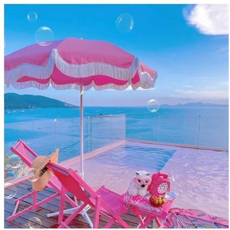Gartenschirm Strandschirm,Boho Sonnenschirm Mit Fransen Terrassenschirm Wasserdicht Balkonschirm Mit Neigung Sonnenschirm ,Portable Marktschirm Mit Tasche Tischschirm ( Color : Pink , Size : 200*240cm