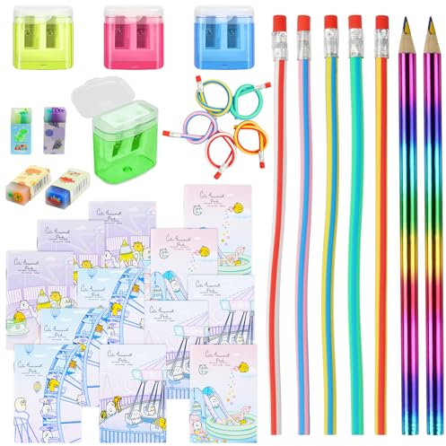 AUAUY 27 Stück Schulanfang Set, Biegebleistifte, Bleistiftspitzer, Radiergummi, Notizbuch, Geschenk Einschulung für Mädchen und Junge, Einschulung Geschenke Füllung, Kinder Party Mitgebsel